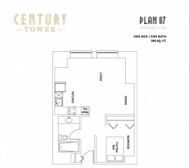 Floor plan for 1 bed, 1 bath, 546 sqft